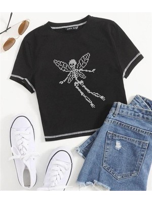 Touz Pixelated Winged Skeleton Baskılı Ters Dikiş Siyah Crop