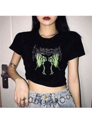 Touz Niiss Butik Harajuku Gothic Retro Butterfly Siyah Crop