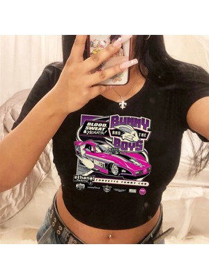 Touz Küt Küt Bunny Boys Car Baskılı Siyah Crop