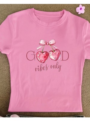 Touz Kemer Boy Baby Tee Good Vibes Only Baskılı Crop Bluz