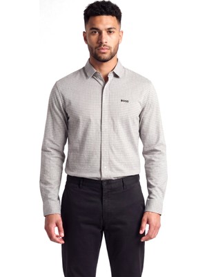 Boss Erkek Normal Kesim Mini Kare Desenli Pamuklu Uzun Kollu Gri Gömlek 50565852-334