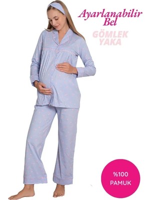 Alimer Mavi Kalpli Hamile Önden Düğmeli Uzun Kol Mevsimlik Bel Ayarlı %100 Pamuk Pijama Takımı-Geniş Kalıp