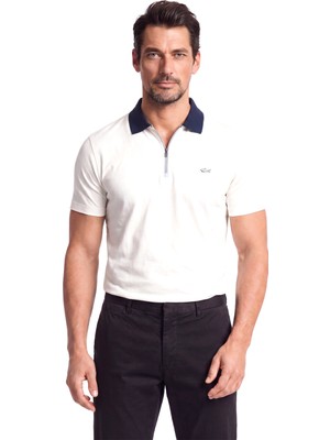 Paul & Shark Erkek Normal Kalıp Yarım Fermuarlı Metalik Logo Detaylı Pamuklu Kısa Kollu Beyaz Polo Yaka T-Shirt 26411247SM-108