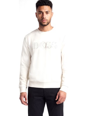 Boss Erkek Normal Kalıp Logo Baskılı Yuvarlak Yakalı Pamuklu Uzun Kollu Ekru T-Shirt 50565651-118