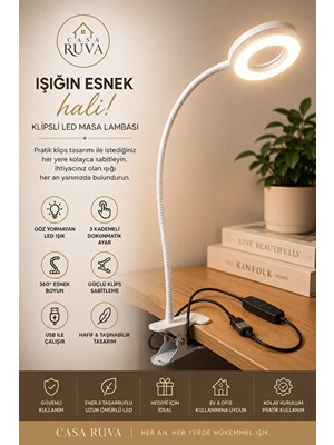 Lusenne Masa ve Gece Lambası: USB Şarjlı Klipsli LED Okuma ve Makyaj Lambası