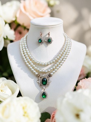 Fayra Accessories Yeşil Kristal Taşlı Inci Kolye ve Küpe Seti