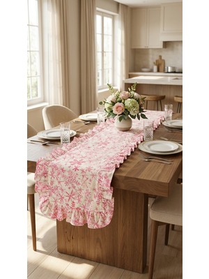 Kesene Göre %100 Pamuk Simli Kumaş Pembe Desenli Fırfırlı Runner 40X130