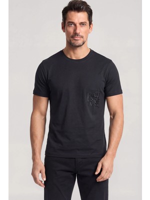 Paul & Shark Erkek Regular Fit Yuvarlak Yakalı Logo Işlemeli Pamuklu Kısa Kollu Siyah T-Shirt 26411031A-011