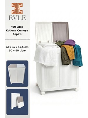 Lusenne Çamaşır Sepeti: Iki Bölmeli Tekerlekli 50+50 Lt Kapaklı
