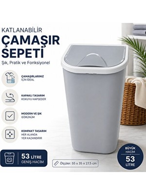 Lusenne Çamaşır Sepeti: 53 Litre Dar Alan Uyumlu Kapaklı , Banyo Için