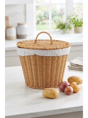 Atbyhome Kapaklı Bezli Hasır Patates Soğan Sepeti - 28X23 cm Mutfak Düzenleyici