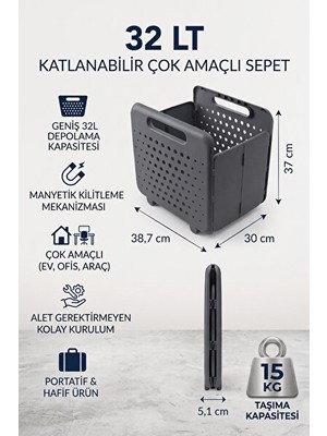 Lusenne Çamaşır Sepeti: Manyetik Kilitli Katlanabilir Saklama Sepeti, 32 Litre, Yer Tasarruflu