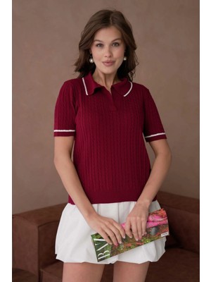 Rovebella Incanto Polo Yaka Saç Örgü Bordo Triko Bluz