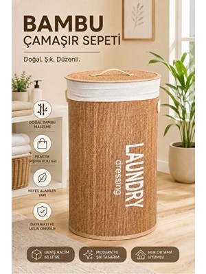 Lusenne Çamaşır Sepeti: 60 Litre Kapaklı Bambu - Yuvarlak Hasır Görünüm