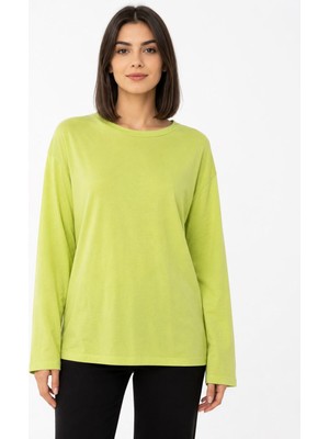 Neden Tekstil Kadın Oversize Basic Yeşil Uzun Kollu Bluz