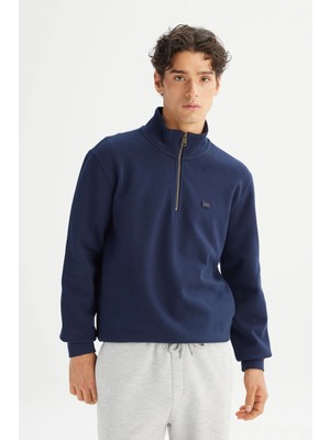 Regular Fit Normal Kesim Kapüşonlu Fermuarlı Lacivert Sweatshirt Ceket