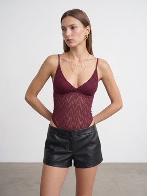 Dilvin 32842 Dantel Bodysuit-Bordo