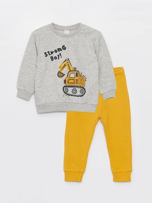 LC Waikiki Lcw Bisiklet Yaka Baskılı Uzun Kollu Erkek Bebek Sweatshirt ve Eşofman Altı 2'li Takım