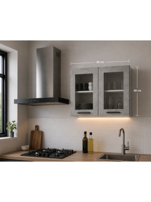 T Designo Beti Mutfak Camlı Üst Modül Çok Amaçlı Dolap 80 cm Beton Görünümlü