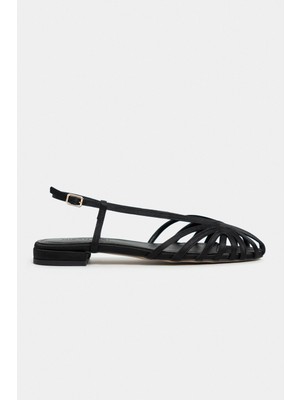 Nişantaşı Shoes Leny Siyah Saten Biyeli 1-2 cm Kalın Topuklu Kadın Sandalet Babet