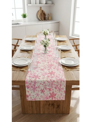 Kesene Göre %100 Pamuk Simli Kumaş Pembe Desenli Dikdörtgen Runner 40X150