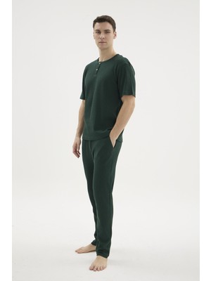 Kly Erkek Kısa Kol Yarım Düğmeli Yeşil Pijama Takımı C1T5N162