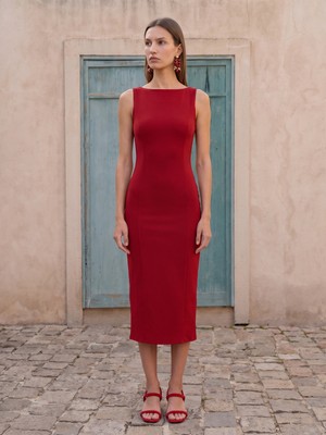 Dilvin 91099 Extra Slim Fit Midi Elbise-Kırmızı