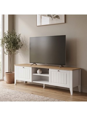 Homea Mebran 2 Kapaklı Raflı Tv Ünitesi Modern Televizyon Sehpası Ahşap Görünümlü Salon Tv Standı