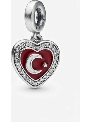 Kadın Taş Detay Sallantılı Kalp Içinde Türk Bayrağı Model Gümüş Charm
