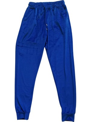 Royaleks Parlak Kadife Cepli Pantolon Eşofman Pijama Altı Unisex Lastikli Paça Mavi