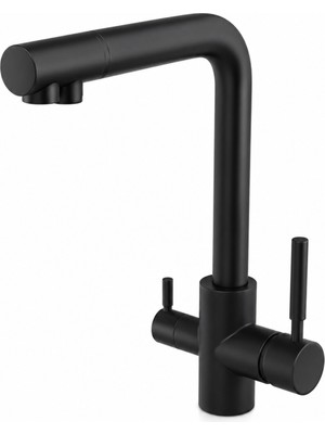 Badem10 Lüks Mat Siyah Arıtma Çıkışlı Döner Başlıklı 31 cm Kolay Montaj Mix Evye Bataryası Arıtma Musluğu