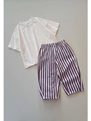 Cigit Oversize T-Shirt Takım 2-10 Yaş Ekru Bordo Çizgili