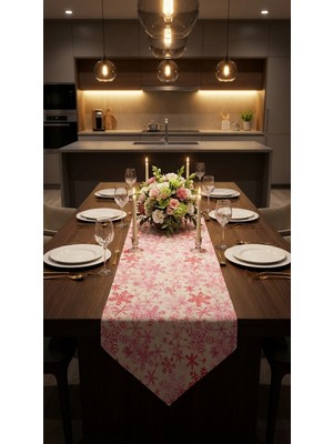 Kesene Göre %100 Pamuk Simli Kumaş Pembe Desenli Üçgen Runner 40X150