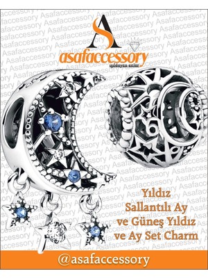 Asaf Accessory Yıldız Sallantılı Ay ve Güneş Yıldız ve Ay Set Charm Gümüş