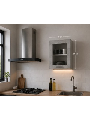 T Designo Beti Mutfak Camlı Üst Modül Tek Kapaklı Çok Amaçlı Dolap 60 cm Beton Görünümlü