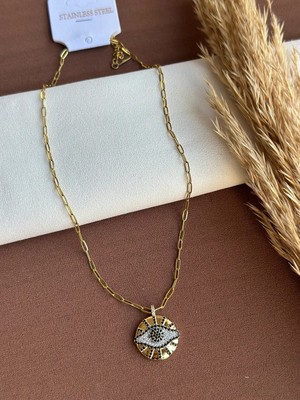 Ry Collections Çelik Daire Plaka Göz Figürlü Taşlı Kolye