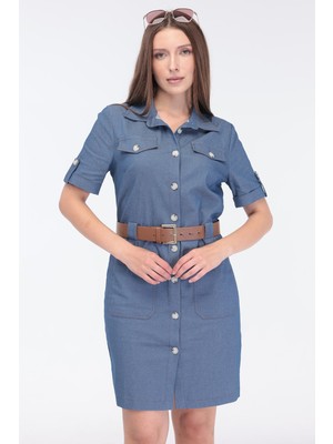 Select Moda Kadın Mavi Denim Cep Detaylı Kemerli Midi Boy Elbise