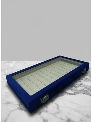 Megass Dekor Yeni Cam Kapaklı Süet Lacivert Kumaş 45 cm / 25 cm Tırnaklı Yüzük Tablası