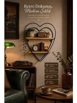 Jasper Love Ahşap Detaylı Kalpli Banyo ve Mutfak Rafı Metal Raf Dekoratif Duvar Rafı 2 Katlı