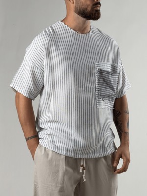 Cocopelli Beyaz Çizgili Patch Bohem Erkek T-Shirt COC3279