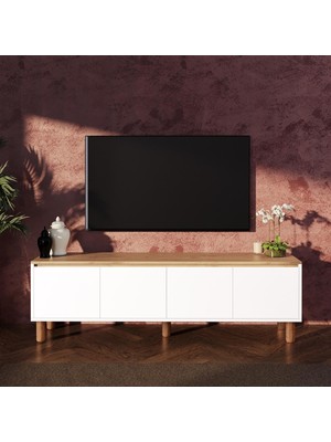 Bimossa D4110 Terra 180CM Sepet-Beyaz Tv Ünitesi Yüksek Ayaklı 4 Kapaklı, Televizyon Sehpası Depolama Dolabı