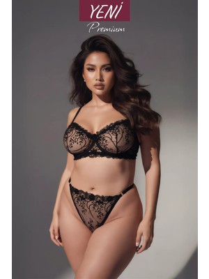 Valunor Glam Siyah Plus Size Büyük Beden C Cup Çiçekli Seksi Iç Giyim Takımı