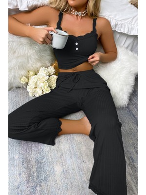 Merry See Dantel Askılı Ribanalı Crop ve Uzun Dantel Paça Pijama Takımı