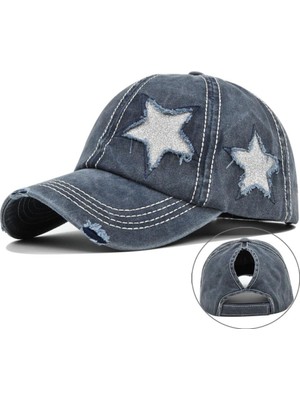 Valkyrie Vintage Lacivert Yıldız Nakışlı Şapka Unisex Eskitme Baseball Cap Ayarlanabilir Pamuk Günlük Spor Şapka