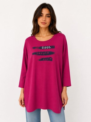Neden Tekstil Kadın Oversize Relaxed Pembe Baskılı Tunik Bluz