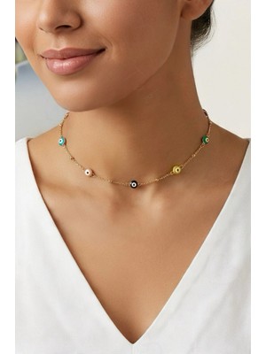 Nazar Boncuklu Choker Gold Çelik Kolye -Sevgili Takı Koleksiyonu