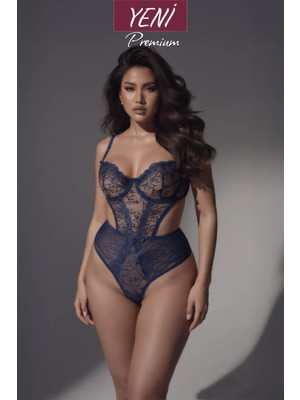 Valunor Dantelli Lacivert Plus Size Büyük Beden C Cup Balenli Bodysuit Kadın Seksi Iç Giyim