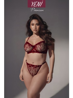Valunor Glam Bordo Plus Size Büyük Beden C Cup Çiçekli Seksi Çamaşırı Takımı
