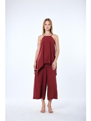 Neşeli Butik Kadın Bordo Ince Askılı Asimetrik Kesim Bluz Pantolon Ikili Takım NBMY4070