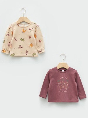 LC Waikiki Lcw Baby Pembe Bisiklet Yaka Uzun Kollu Baskılı Pamuklu Kız Bebek Sweatshirt 2'li